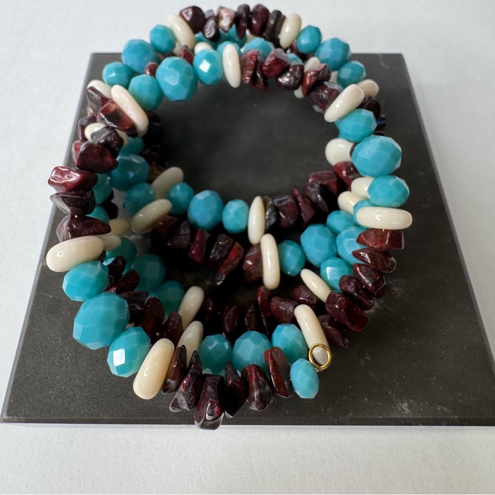 Hand Crafted Turquoise Glass, White Coral & Tiger Eye Gemstone Bracelet NWT - Picture 4 of 7